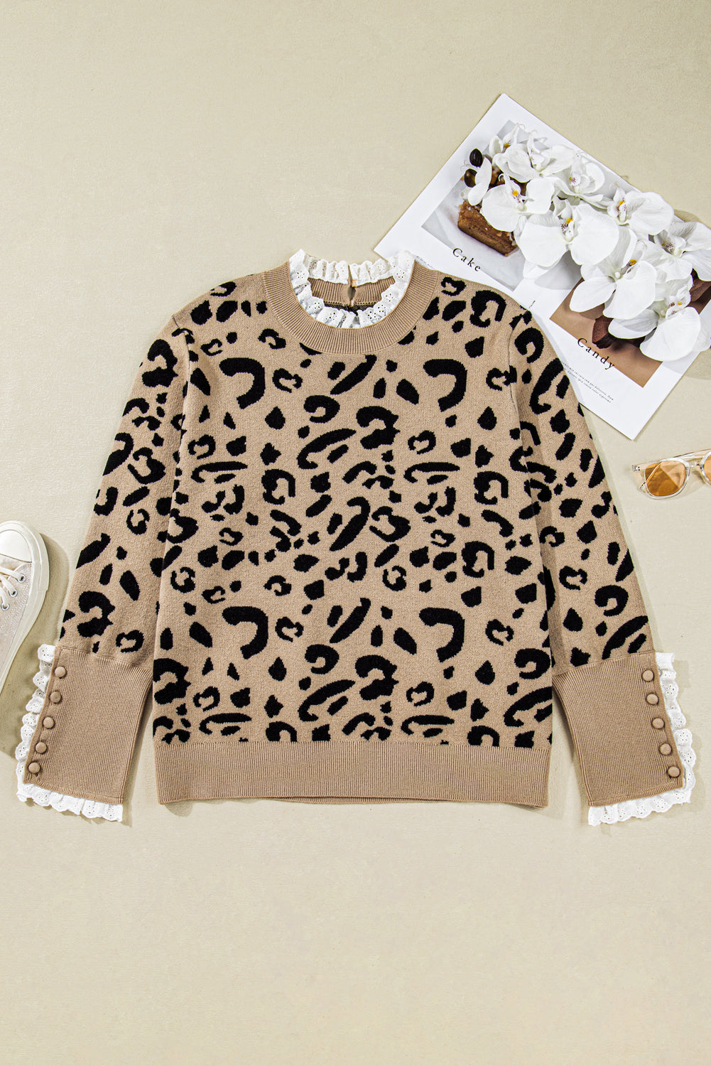 Brown Leopard Knit Sweater With Lace Trim Cuffed Plus Size Dear-Lover Dropshipping